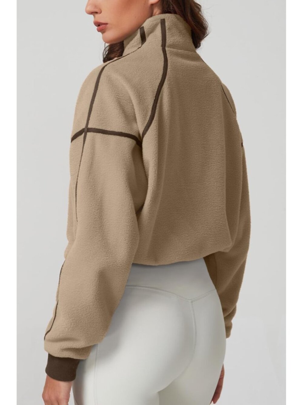 Women’s Khaki Long Sleeve Half ZIP Pullover Cropped Sweatshirt Fleece Jacket - Picture 4 of 6